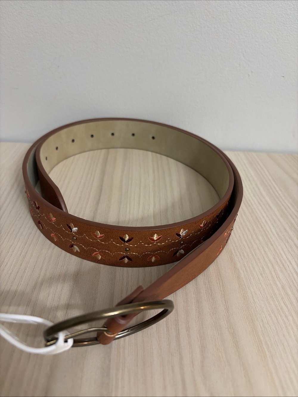 No Boundaries Brown Embroidered Leather Belt with Brass Ring Buckle
